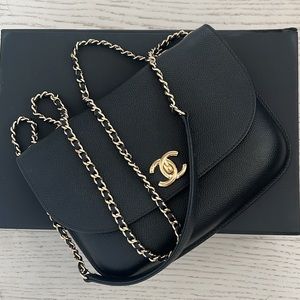 Authentic Chanel Cross Body Two Way Caviar Leather Black Bag